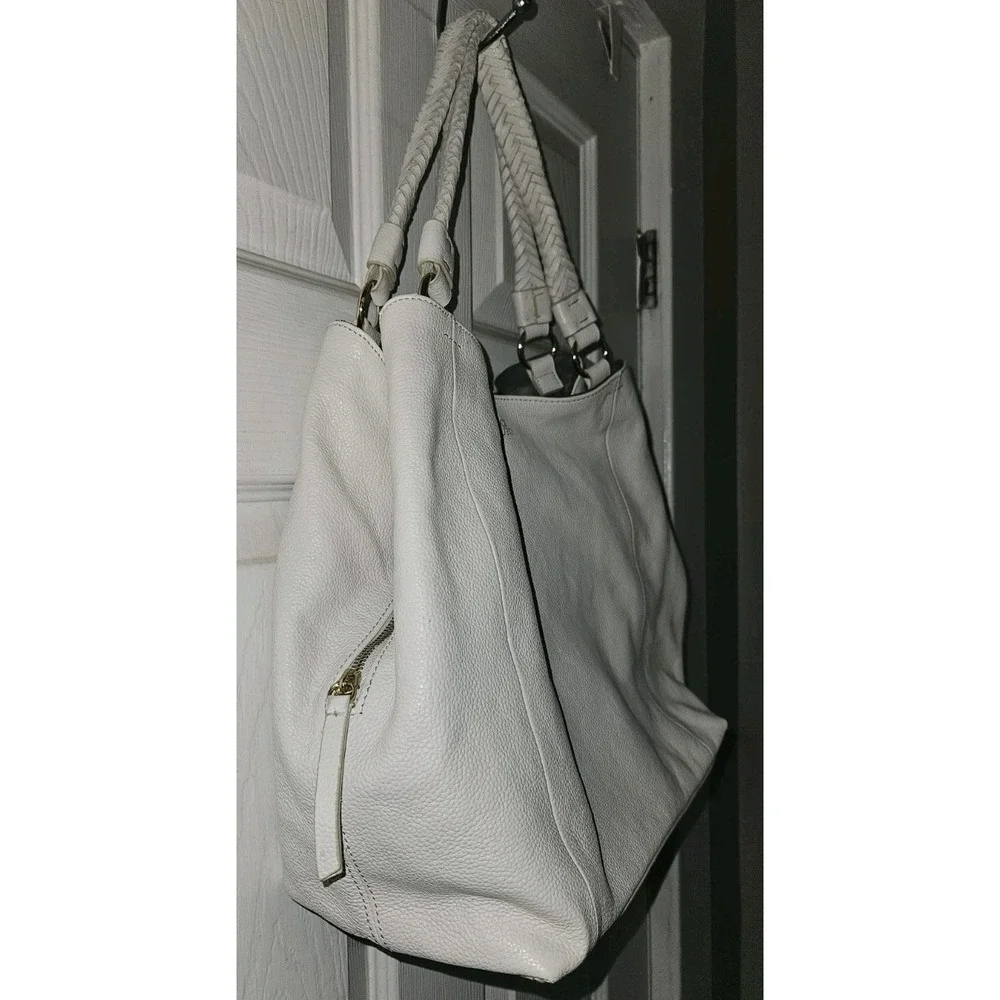 Vince Camuto VV-SIGNE-TO White Swan Pebbled Leather Hobo Handbag Braided Handle